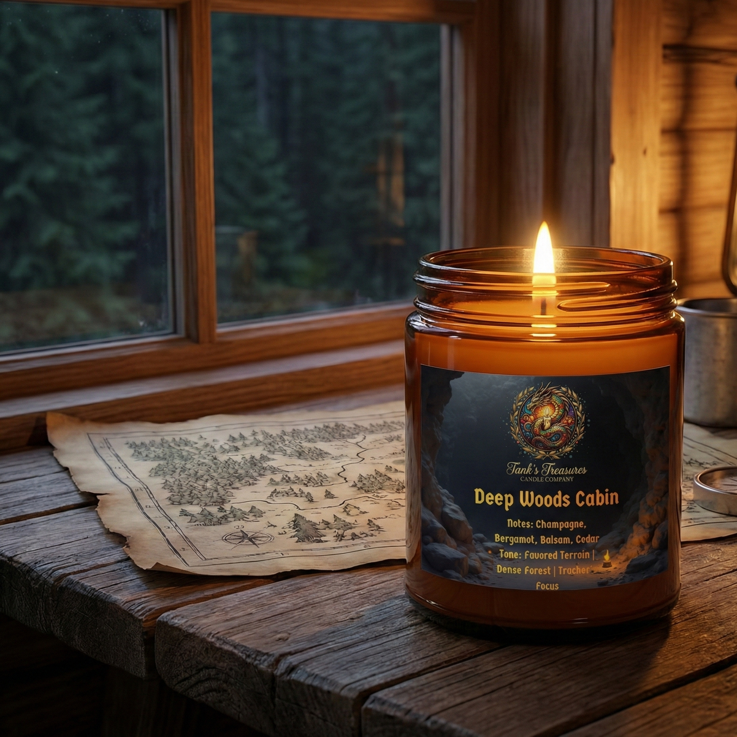 A lit amber glass candle labeled "Deep Woods Cabin" by Tank's Treasures, sitting on a wooden table inside a rustic cabin next to a vintage map and a lantern, with a dark pine forest visible through the window.