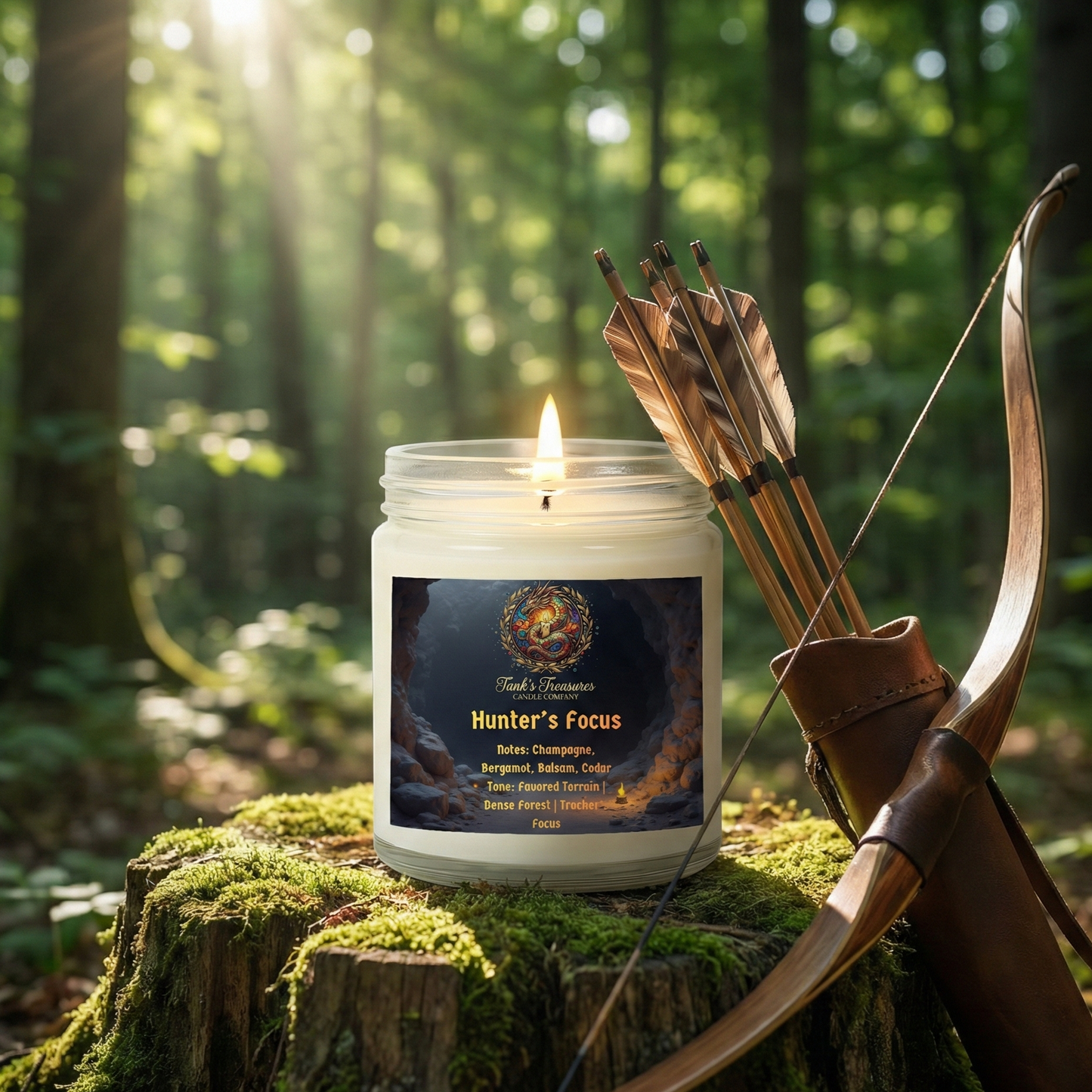 Candle labeled 'Hunter's Focus' with a bow and arrows on a mossy tree stump in a forest setting