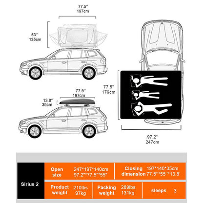 Naturnest Sirius 2 Premium 2XL 3-Person Clamshell Roof Top Tent (SAK91382) - Tanks Treasures