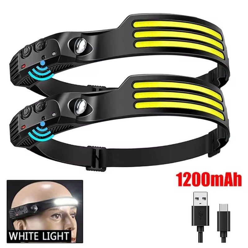 COB LED Headlamp Induction Head Lamp Built-In Battery USB Rechargeable Head Flashlight Outdoor Camping Fishing Sensor Headlight - Tanks Treasures