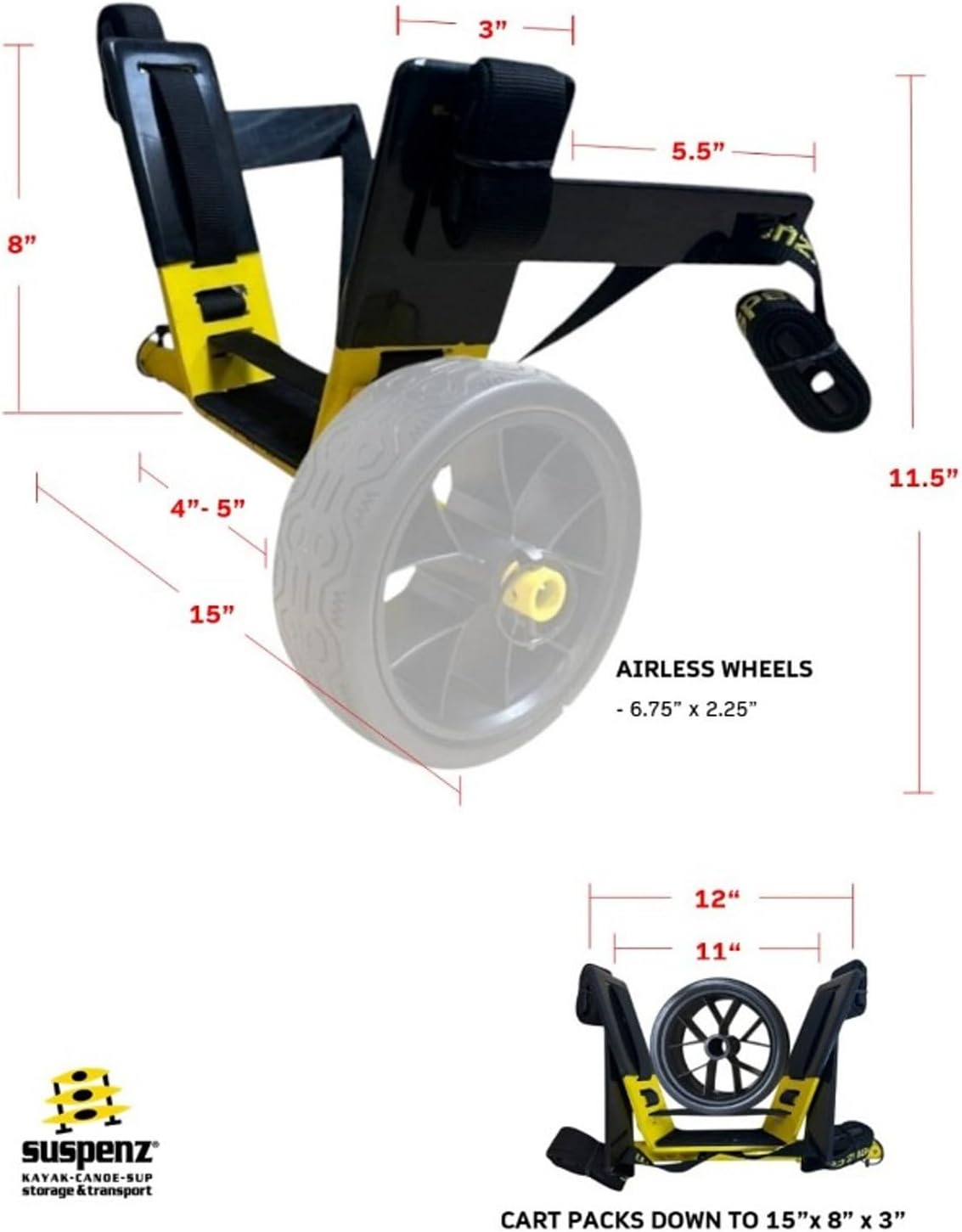 Suspenz Kayak Canoe Stern Cart, EZ-Stow Transport Trolley with Straps, Lightweight, Compact Aluminum Frame, 130 lb Load Capacity (22-1199) - Tanks Treasures