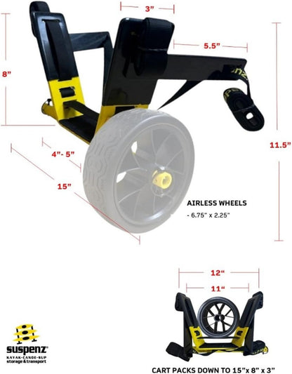 Suspenz Kayak Canoe Stern Cart, EZ-Stow Transport Trolley with Straps, Lightweight, Compact Aluminum Frame, 130 lb Load Capacity (22-1199) - Tanks Treasures