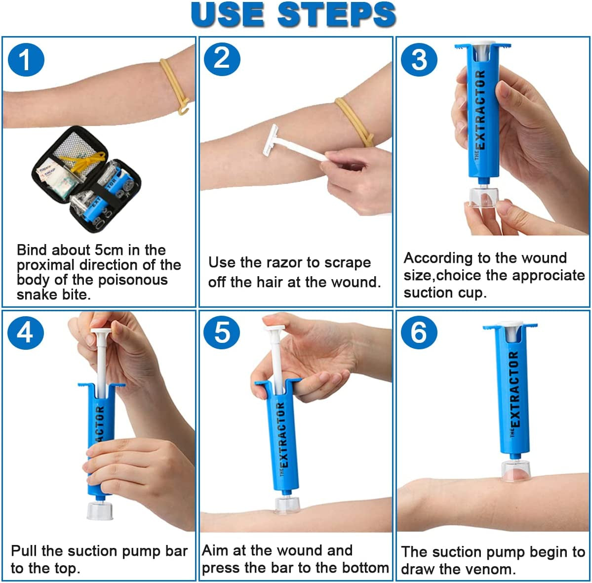 Snake Bite Kit, Bee Sting Kit, Emergency First Aid Supplies, Venom Extractor Suction Pump, Bite and Sting First Aid for Hiking, Backpacking and Camping. Includes Bonus CPR Face Shield (Blue) - Tanks Treasures