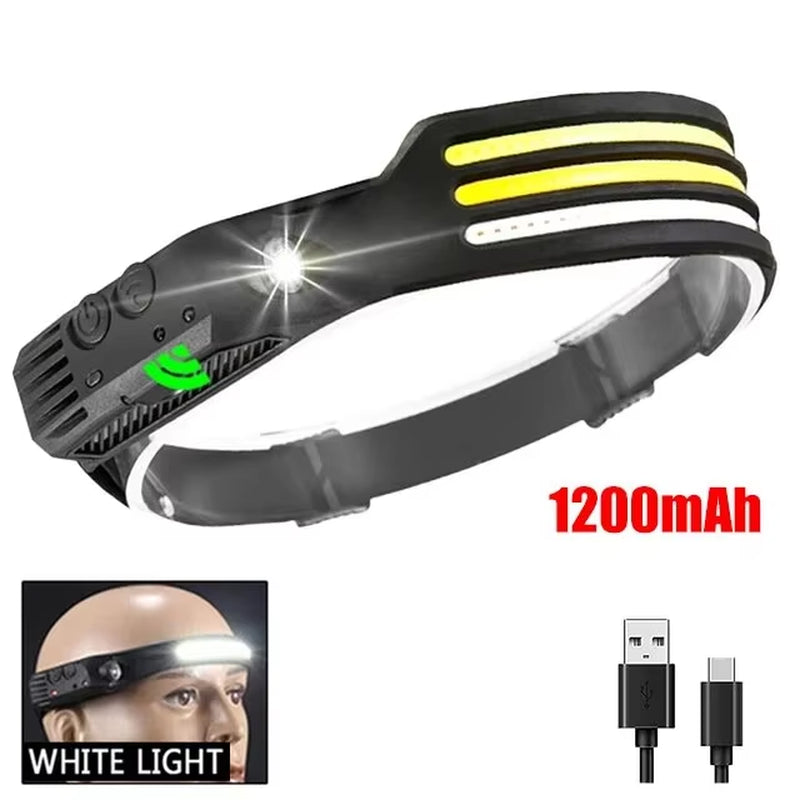 COB LED Headlamp Induction Head Lamp Built-In Battery USB Rechargeable Head Flashlight Outdoor Camping Fishing Sensor Headlight - Tanks Treasures