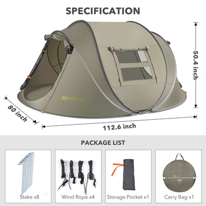 Instant Tent 4-Person Camp Tent, Auto Setup Pop up Tent, Waterproof, Huge Door & Windows, Green - Tanks Treasures