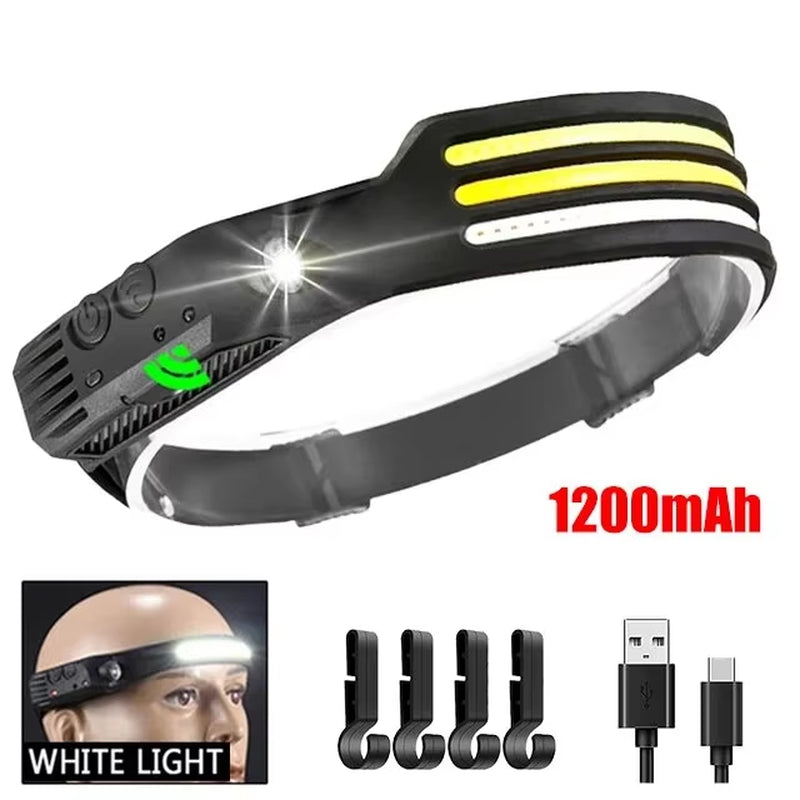 COB LED Headlamp Induction Head Lamp Built-In Battery USB Rechargeable Head Flashlight Outdoor Camping Fishing Sensor Headlight - Tanks Treasures