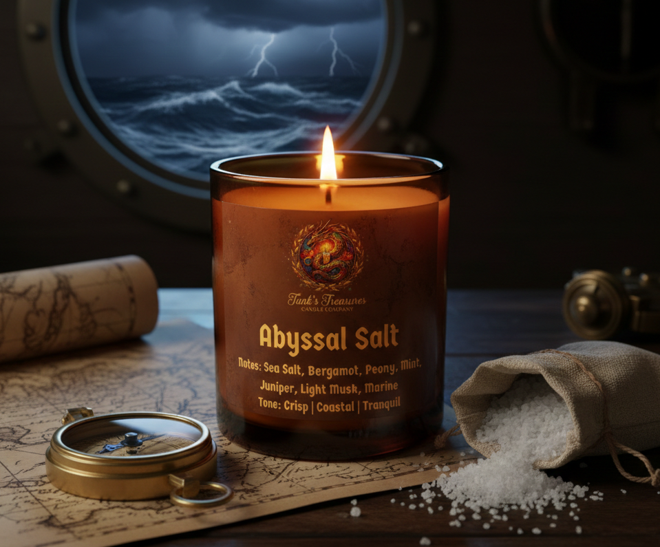 Candle labeled 'Abyssal Salt' on a map with a compass and salt bag, against a dark background.