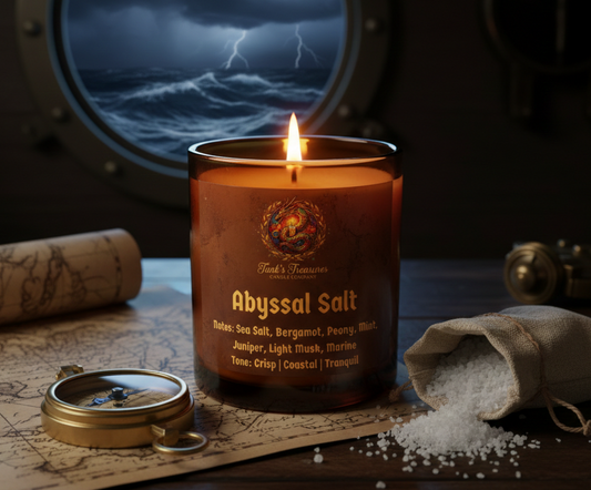 Candle labeled 'Abyssal Salt' on a map with a compass and salt bag, against a dark background.