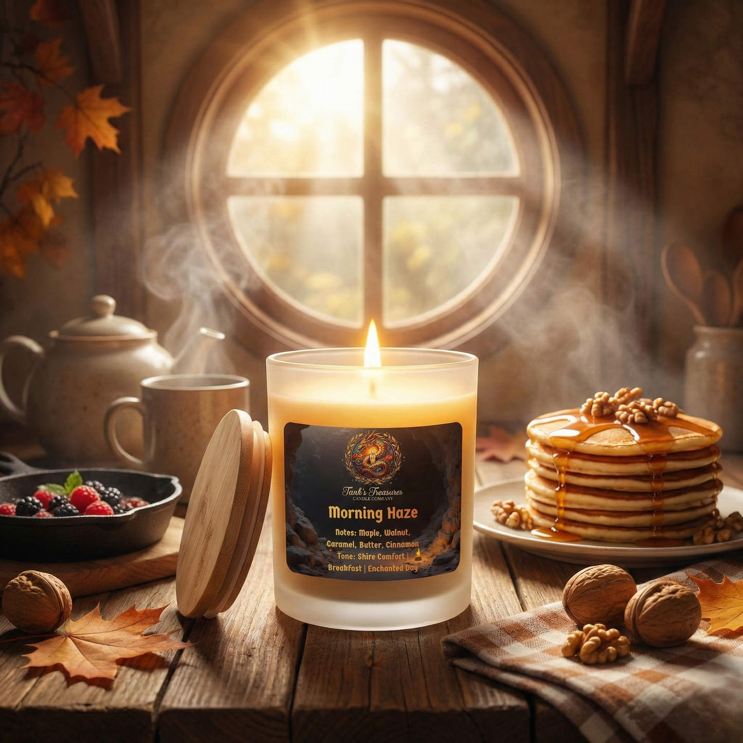 Candle labeled 'Morning Haze' on a wooden table with pancakes, berries, and a teapot.
