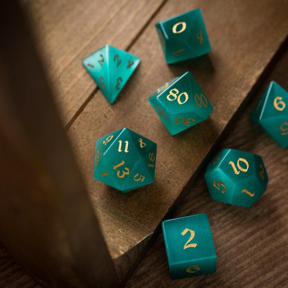 Gemstone Aquamarine Cats Eye Stone Hand Carved DND Dice Set