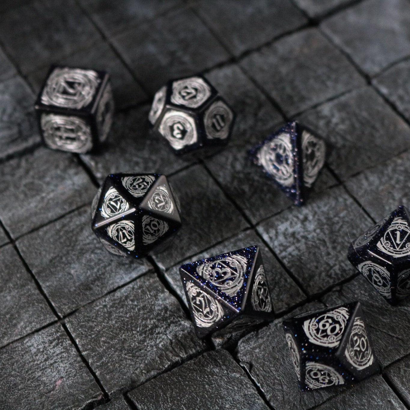 Mage Fury Blue Sandstone Silver Font Gemstone DND Dice Set