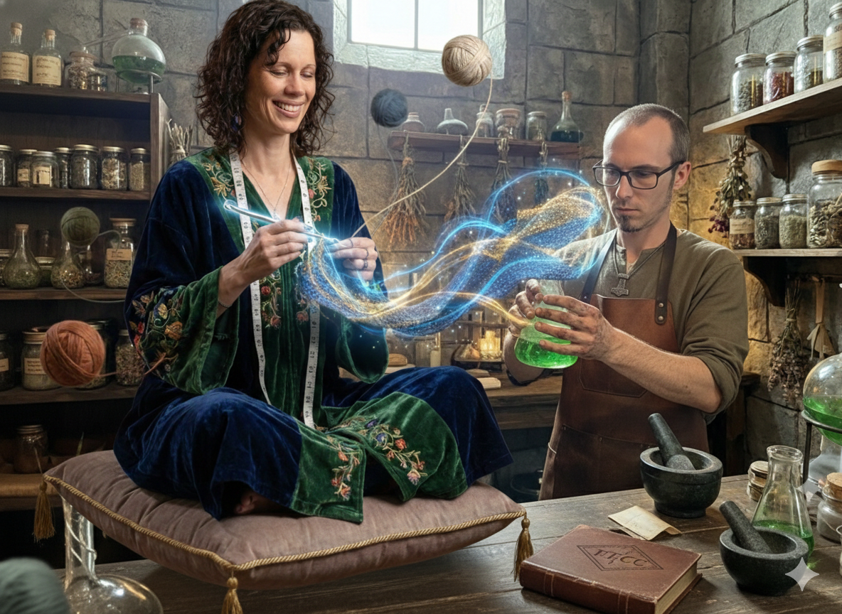 Two people in a laboratory setting with magical elements