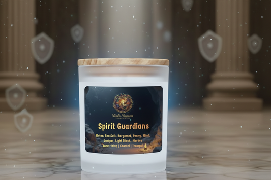 Candle with 'Spirit Guardians' label on a reflective surface with decorative background