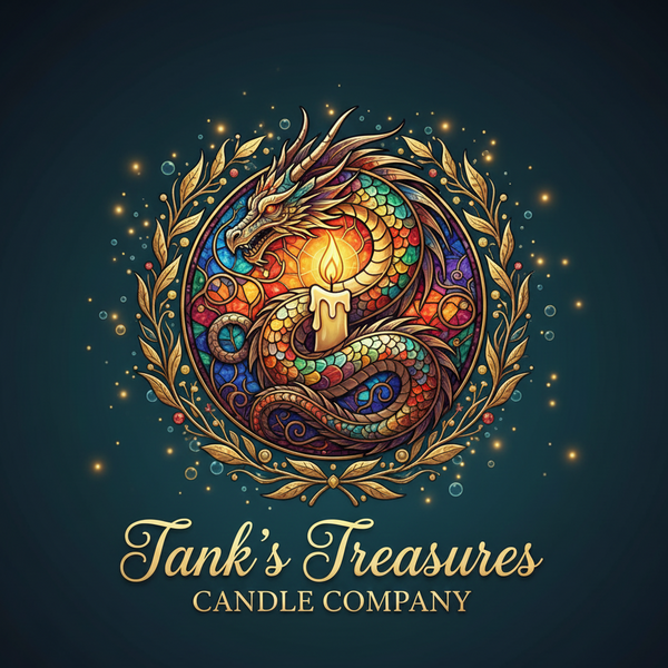 Decorative logo for Tank's Treasures Candle Company featuring a colorful dragon with a candle on a dark background.
