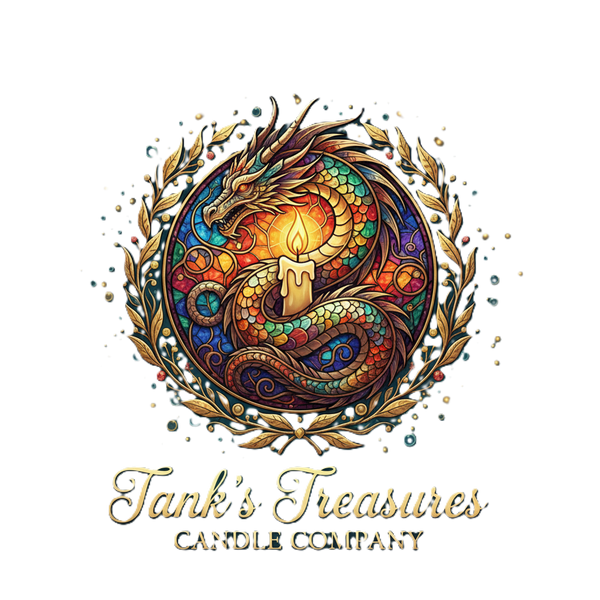 Colorful dragon design with a candle inside, surrounded by leaves, and 'Tank's Treasures Candle Company' text below.