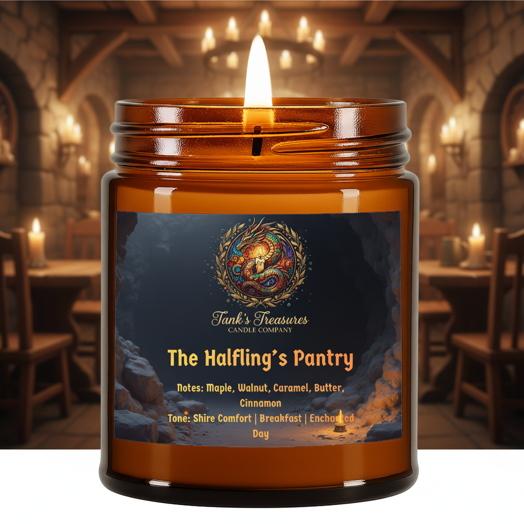 Candle in an amber jar with a label in a fantasy-themed setting