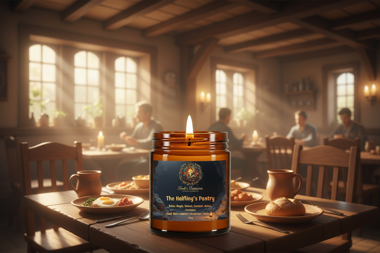 Candle labeled 'The Halfling's Pantry' on a table in a cozy, dimly lit pub setting.