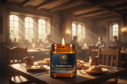 Candle labeled 'The Halfling's Pantry' on a table in a cozy, dimly lit pub setting.