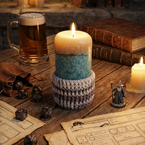 Candlelit table setup with mead, books, and game pieces on a wooden surface.