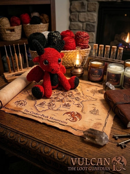 Red dragon plush toy on a map with candles and yarn in the background