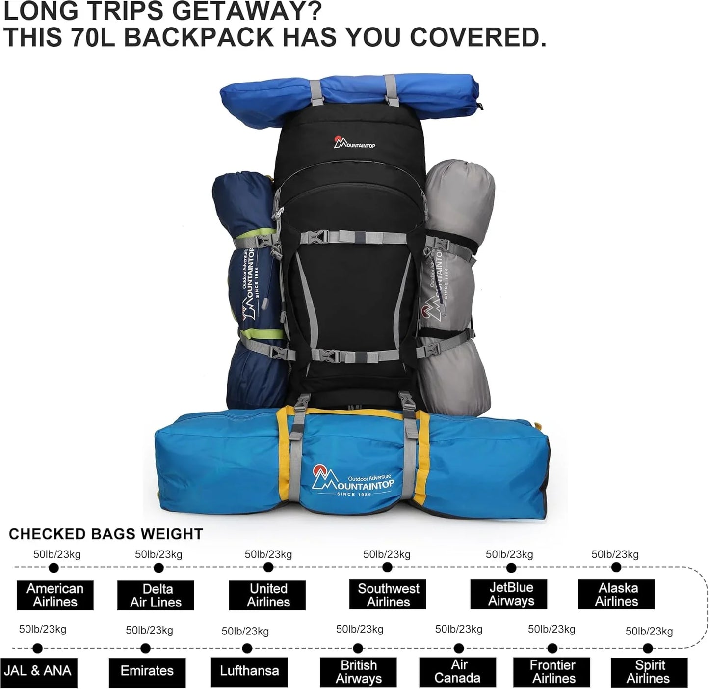 70L Internal Frame Backpack Camping Backpacking Hiking Backpack for Men Women with Rain Cover - Tanks Treasures