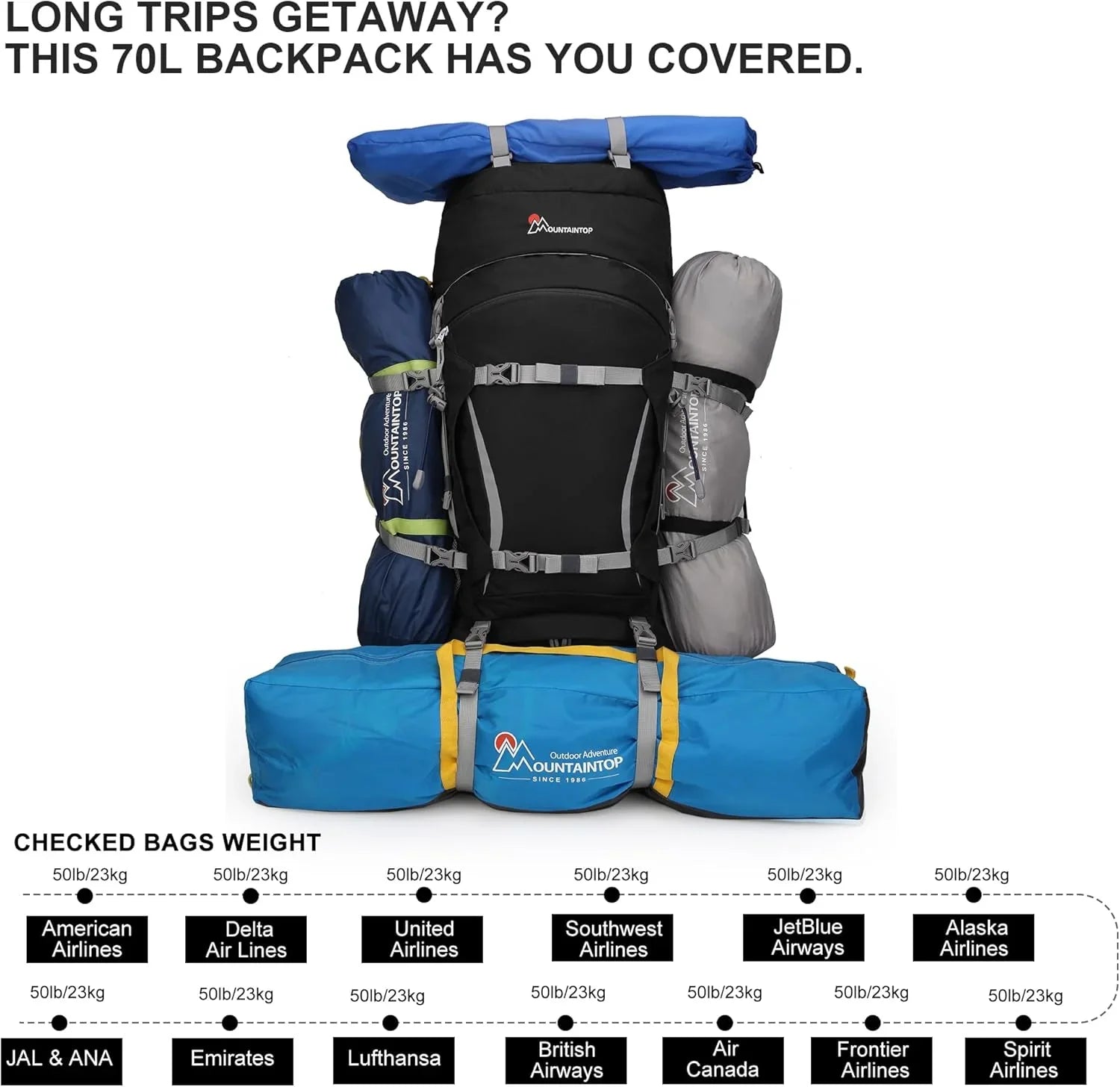 70L Internal Frame Backpack Camping Backpacking Hiking Backpack for Men Women with Rain Cover - Tanks Treasures