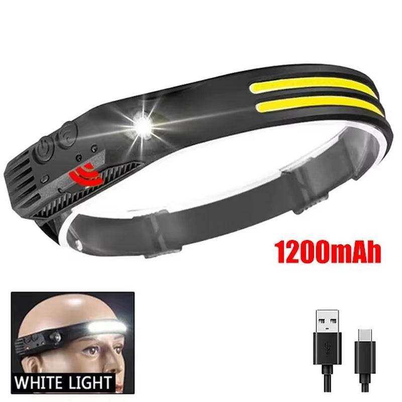 COB LED Headlamp Induction Head Lamp Built-In Battery USB Rechargeable Head Flashlight Outdoor Camping Fishing Sensor Headlight - Tanks Treasures