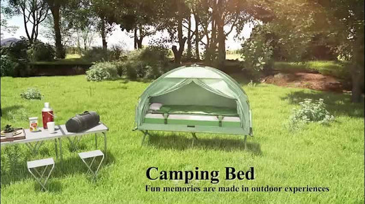Outdoor 1-Person Folding Tent Elevated Camping Cot W/Air Mattress Sleeping Bag