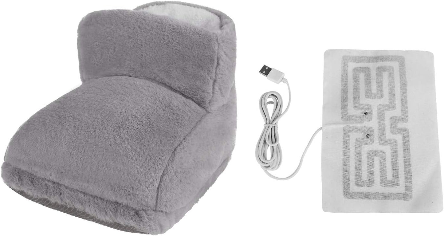 USB Electric Heated Foot Shoes Thick Plush Foot Heater Winter Heating Pad Cushion Heat Therapy Feet Warmer Boots Slipper Shoes, Gray, One Size - Tanks Treasures