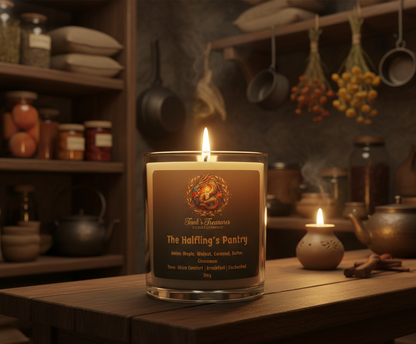 The Halfling's Pantry' candle by Tanks Treasures Candle Company. The candle is lit on a rustic wooden table inside a cozy, dimly lit fantasy pantry filled with jars, herbs, and wooden shelves. The label features a golden dragon logo and scent notes of maple, walnut, and caramel.