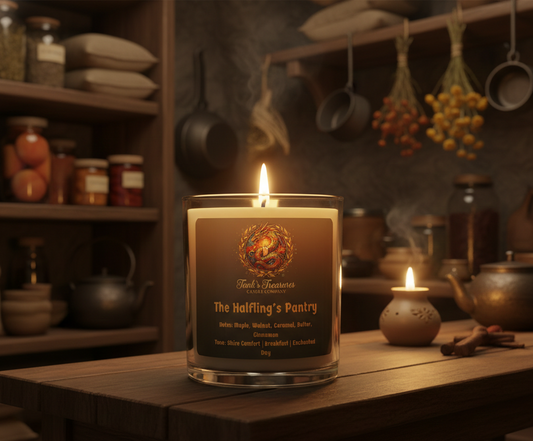 The Halfling's Pantry' candle by Tanks Treasures Candle Company. The candle is lit on a rustic wooden table inside a cozy, dimly lit fantasy pantry filled with jars, herbs, and wooden shelves. The label features a golden dragon logo and scent notes of maple, walnut, and caramel.