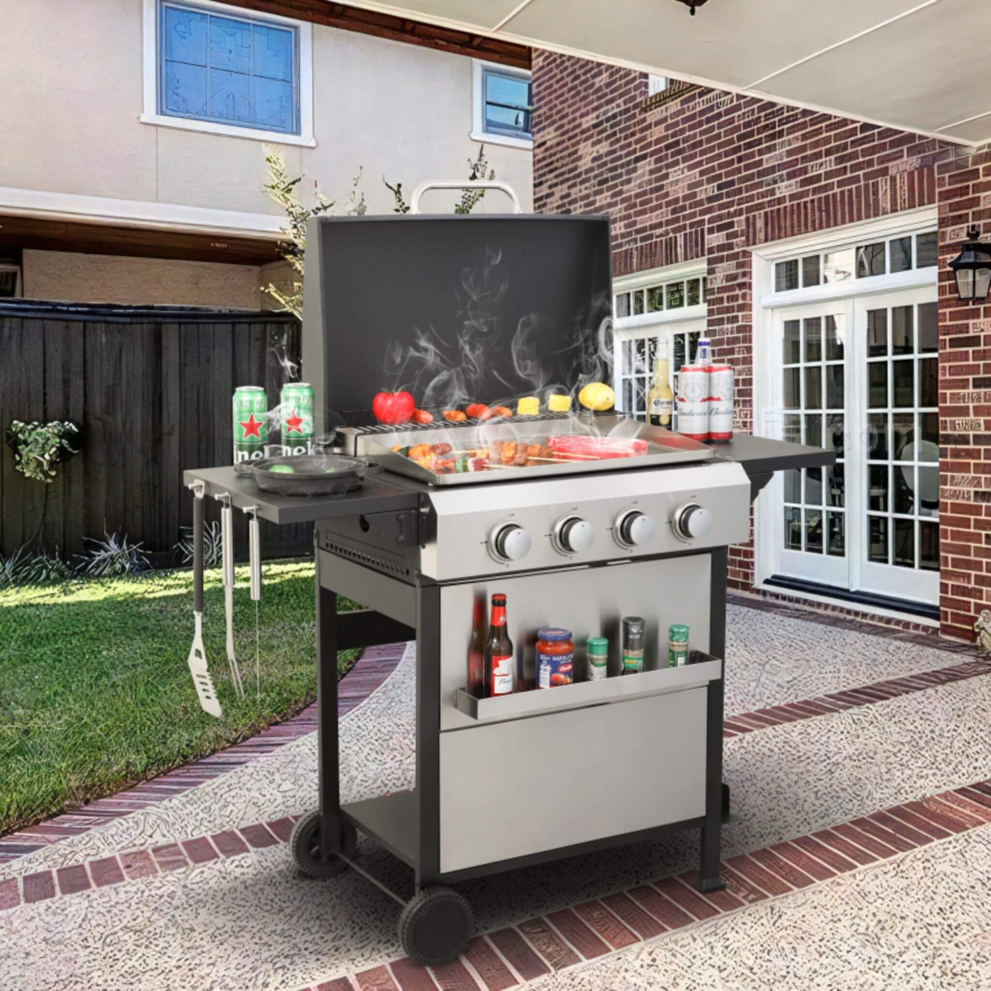 Premium Outdoor 4-Burner Propane BBQ Grill With Foldable Side Tables, Hanging Basket, And Cooking Grids (SAK53213) - Tanks Treasures