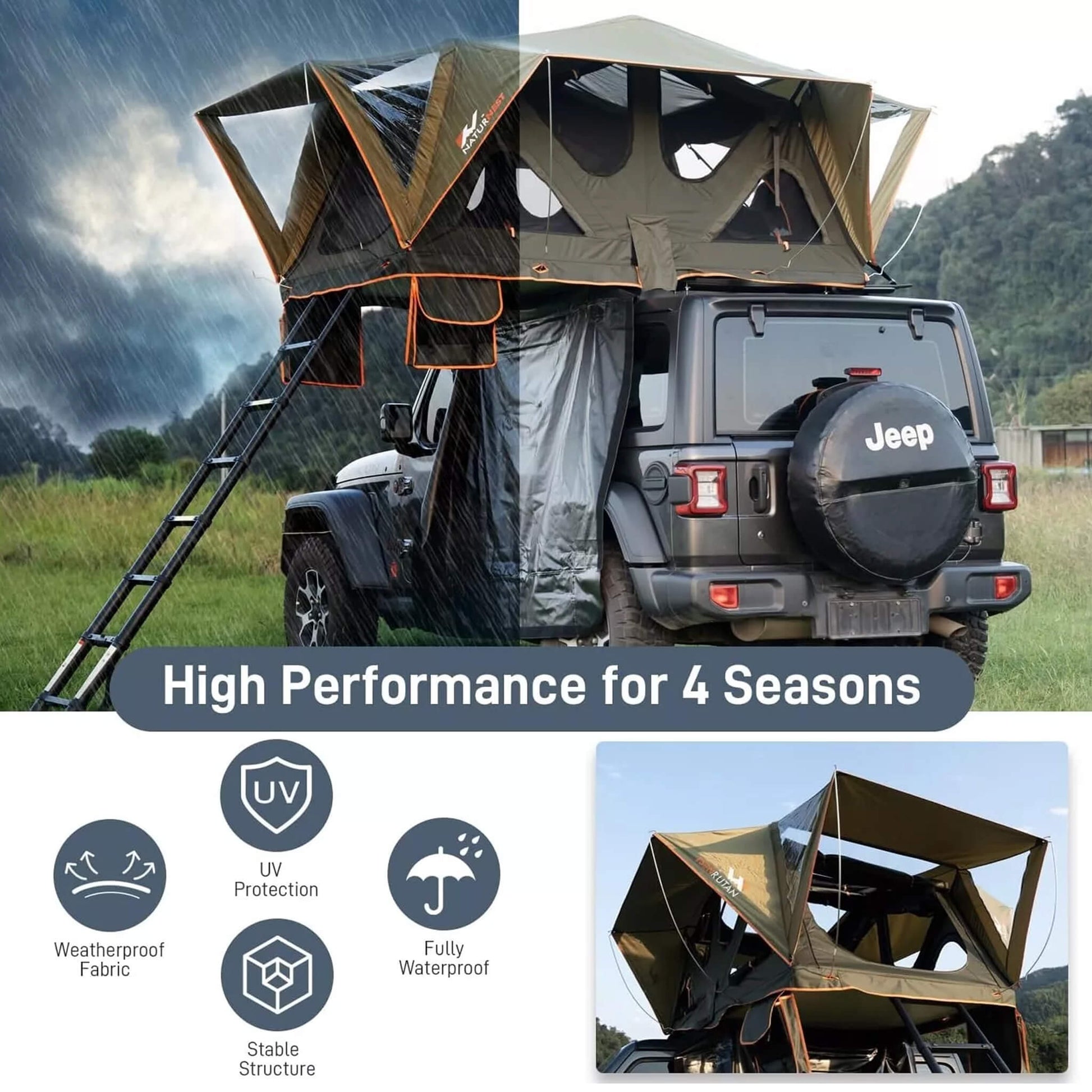 Naturnest Andromeda Green Soft Shell Rooftop Tent With Large Panoramic Skylight & YKK Doors (SAK50612) - Tanks Treasures